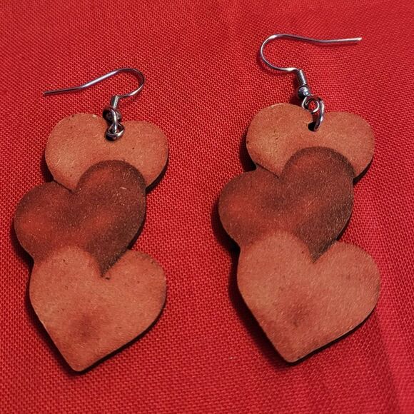Vintage Distressed Heart Double-Sided Wooden Dangle Earrings - Picture 1 of 4